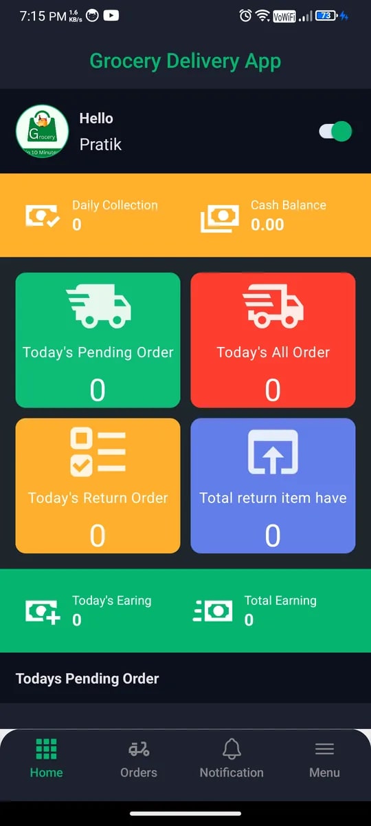 Delivery app dashboard: availability toggle, daily collection and cash balance, pending and returned order counts, earnings.