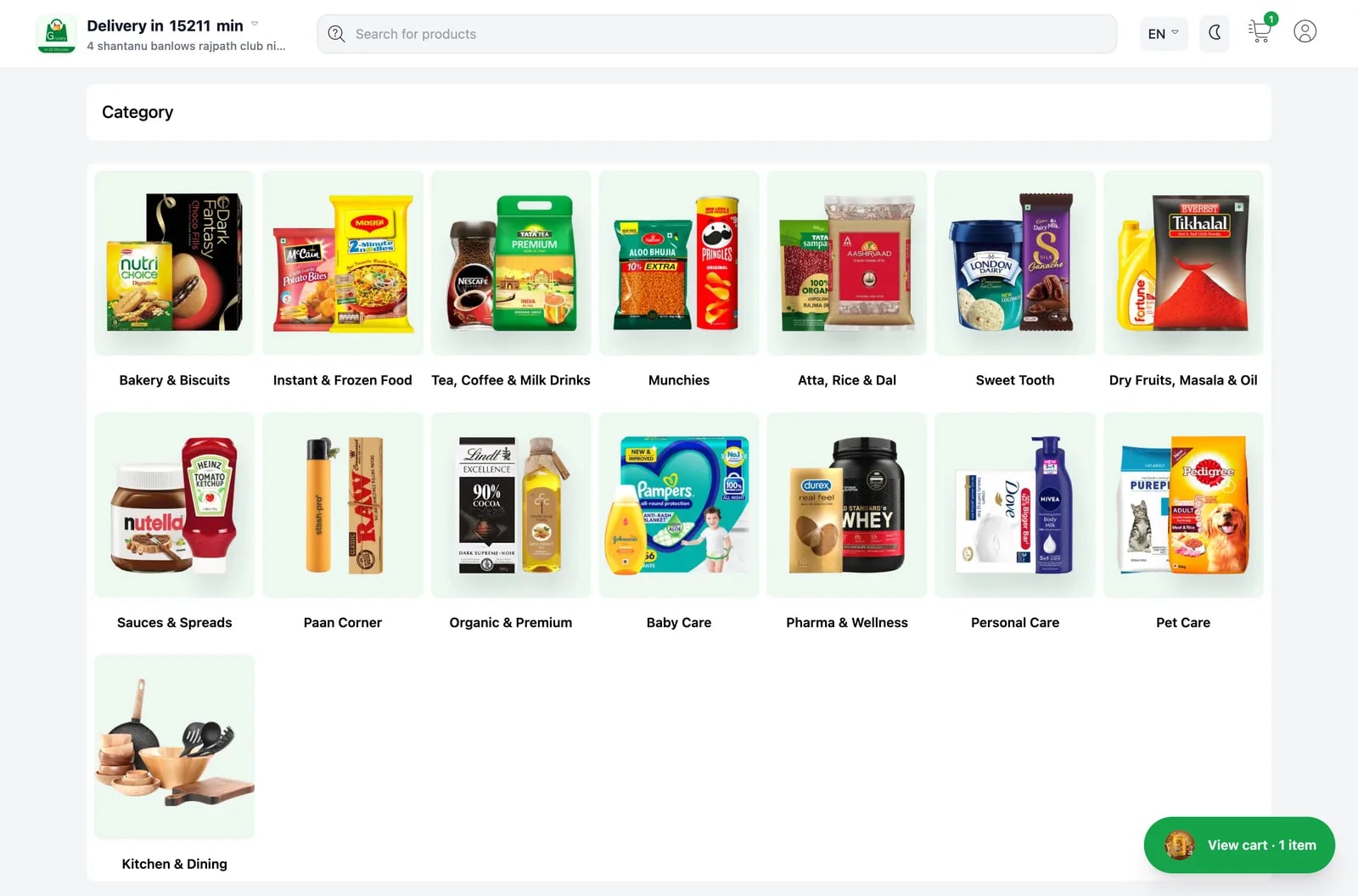 Customer website category page: fifteen product categories in a grid, delivery location in the header, live cart pill.