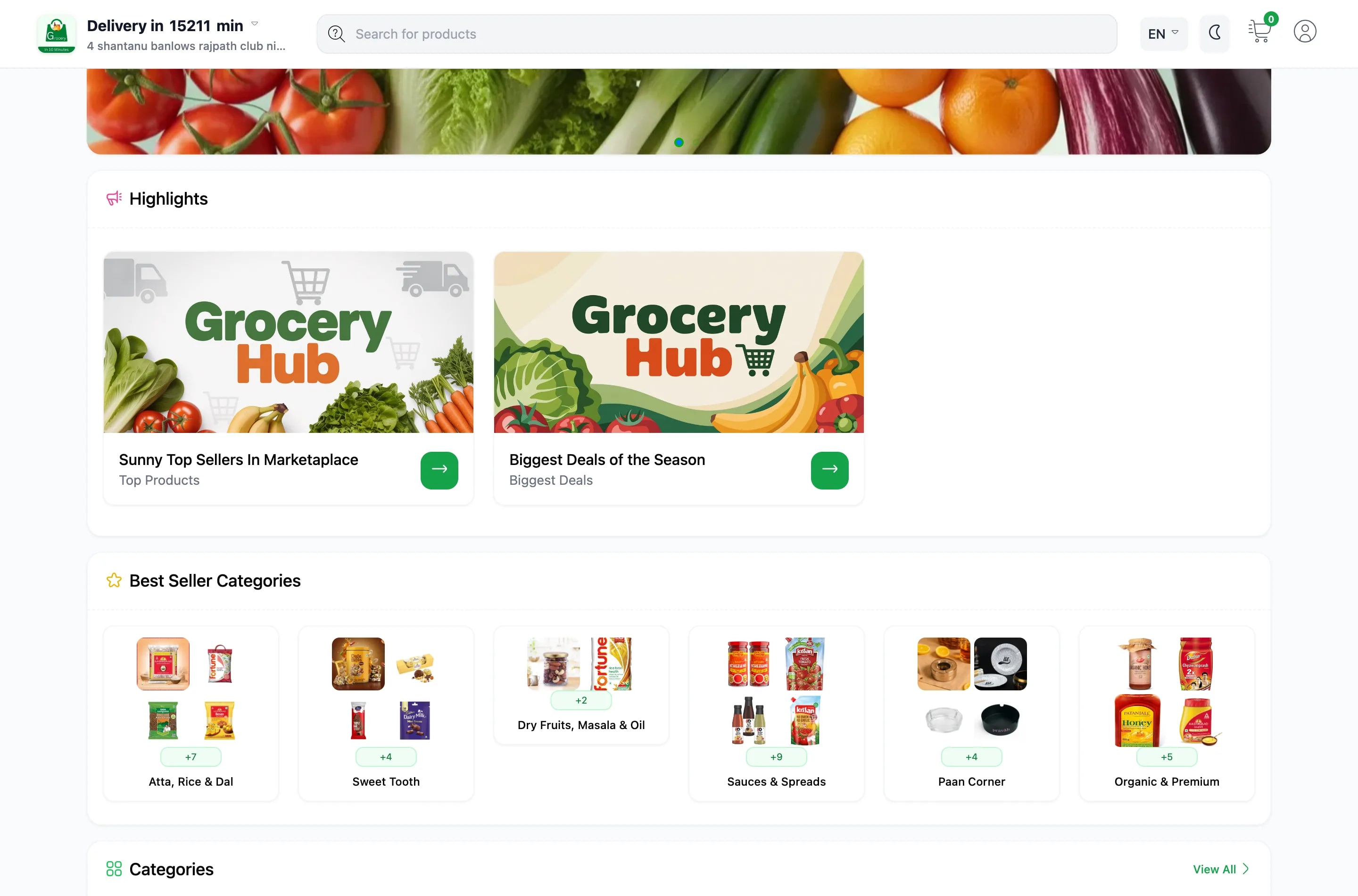Product sections grouped by category with add-to-cart controls.