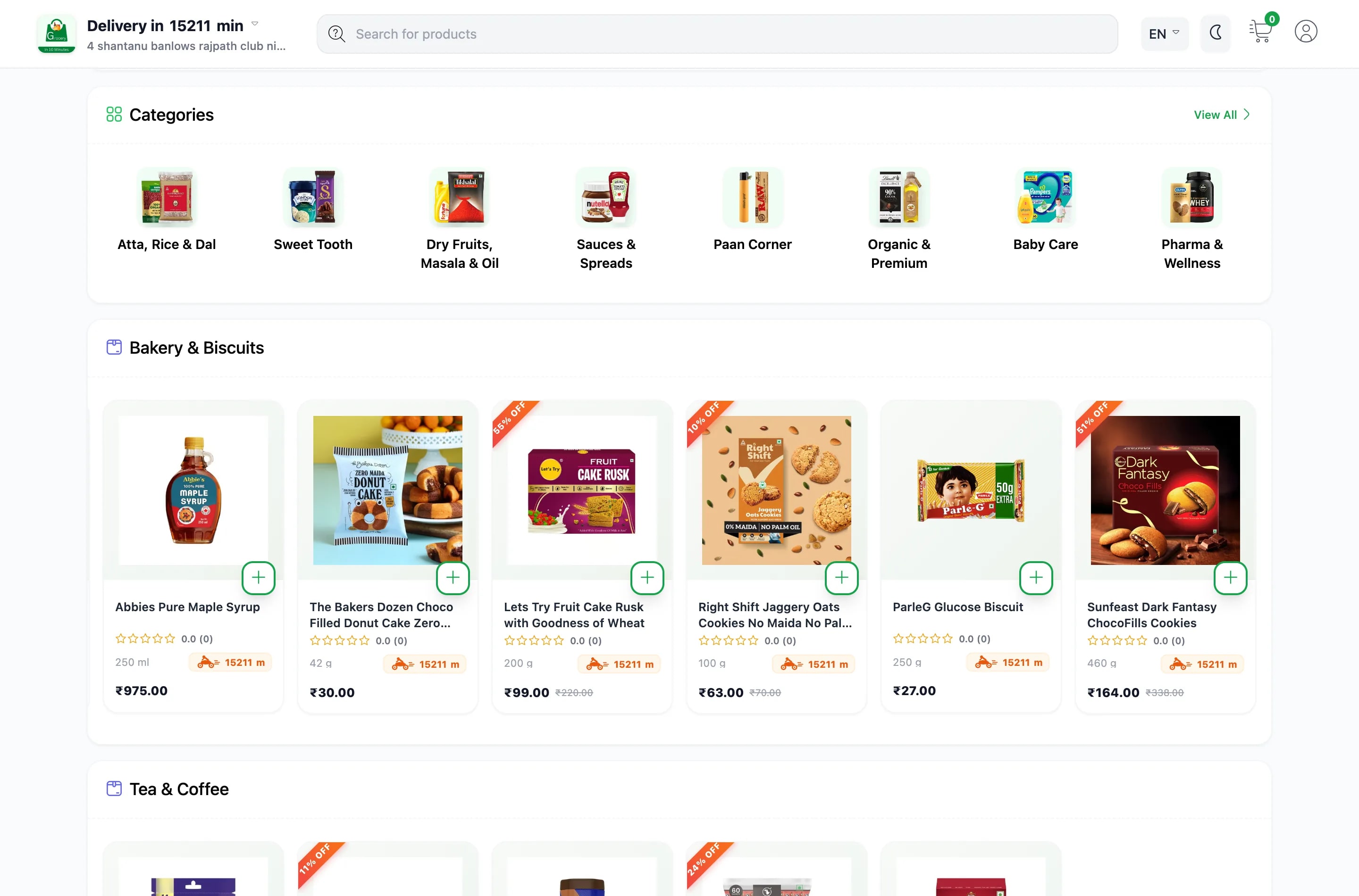 Category row above a product grid showing prices, discount flashes and add buttons.
