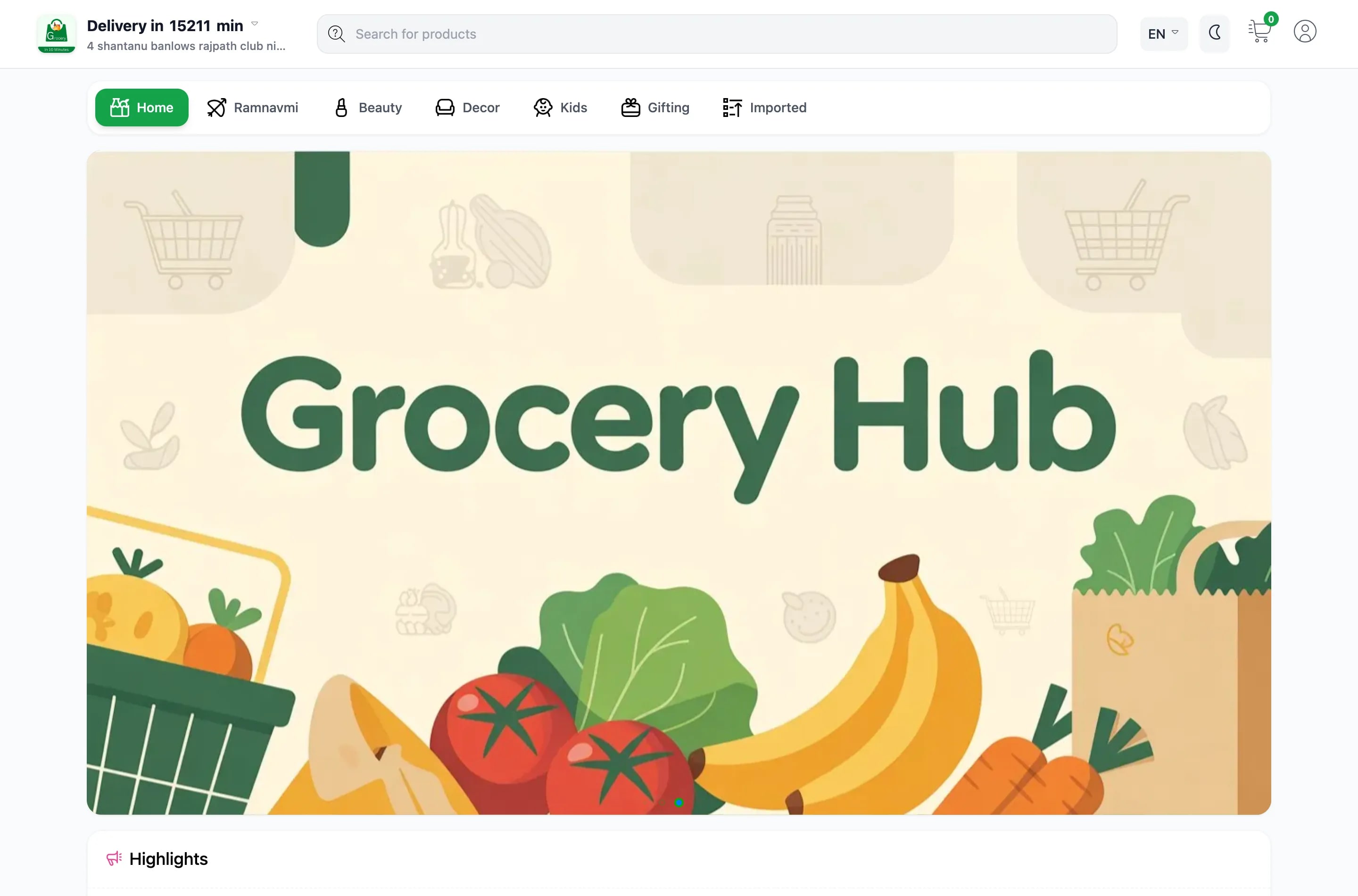 Customer storefront with location bar, category navigation and a promotional banner.