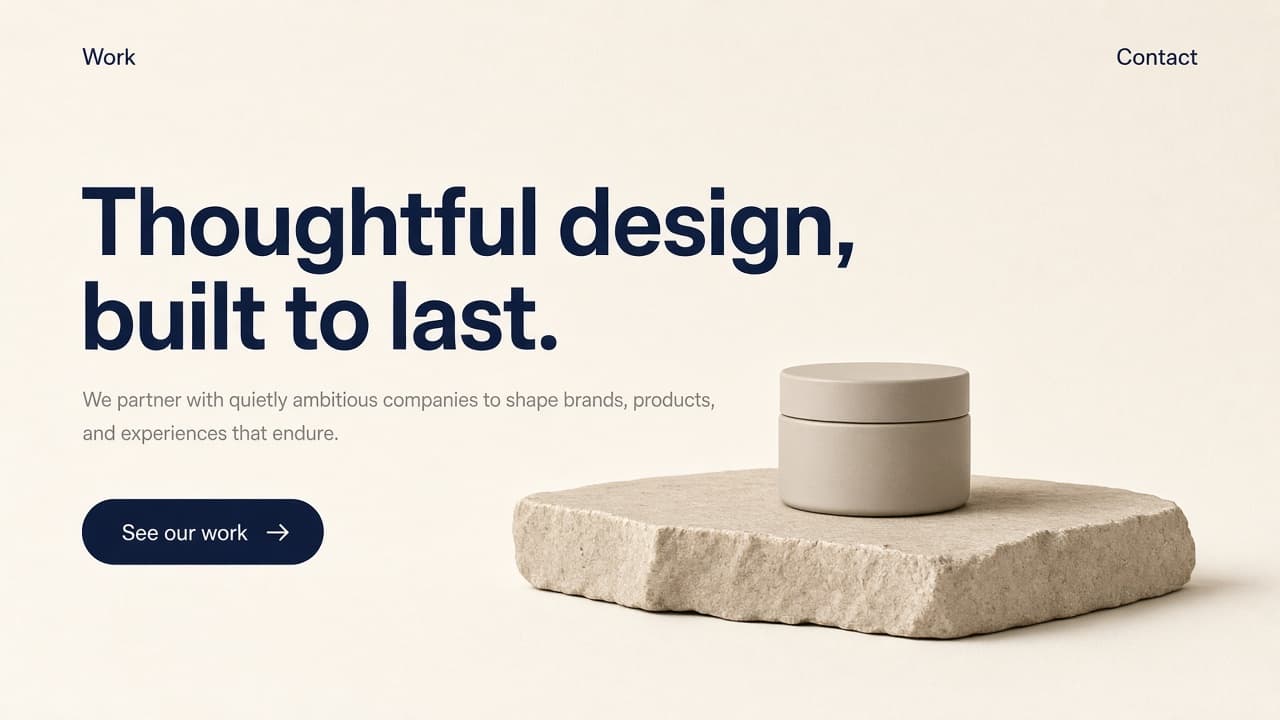 A studio homepage: cream ground, serif claim, one centred product shot, one button.