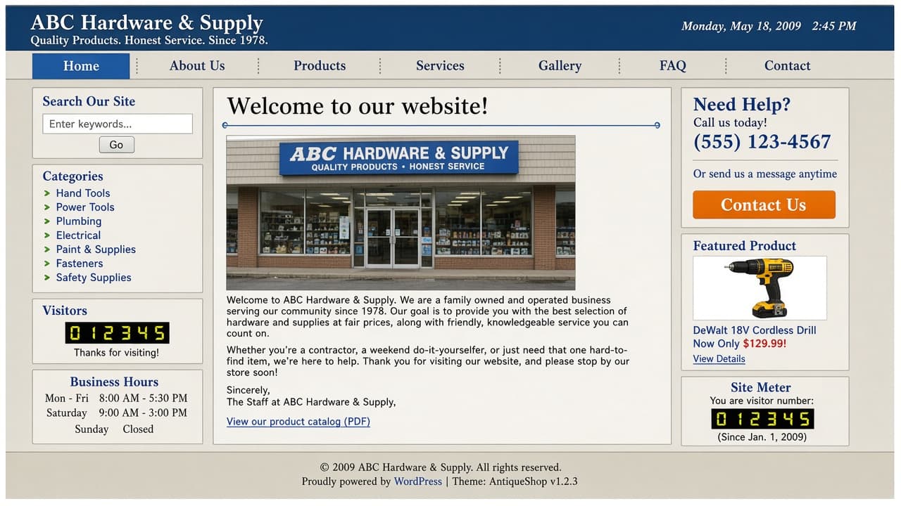 An old shop homepage that has not been touched in years.